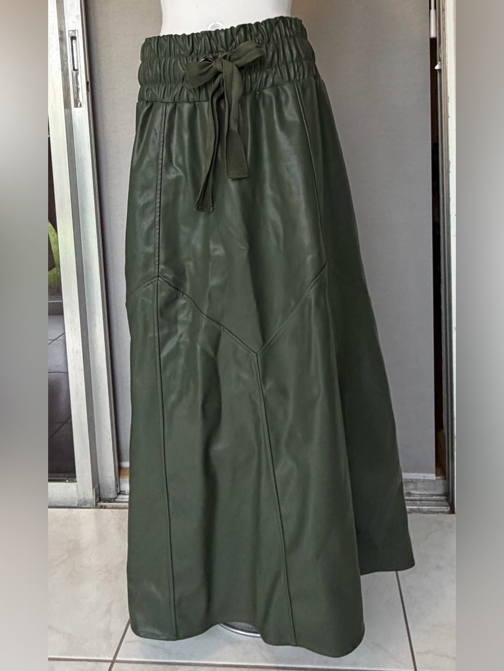 High-Waist Olive Green Faux Leather Maxi Skirt with Drawstring